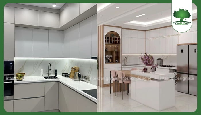 طراحی آشپزخانه کوچک مدرن با کابینت‌های دورنگ سفید و چوب و یخچال استیل