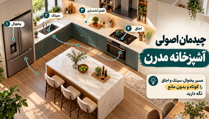 چیدمان آشپزخانه مدرن؛ جای یخچال، سینک و اجاق