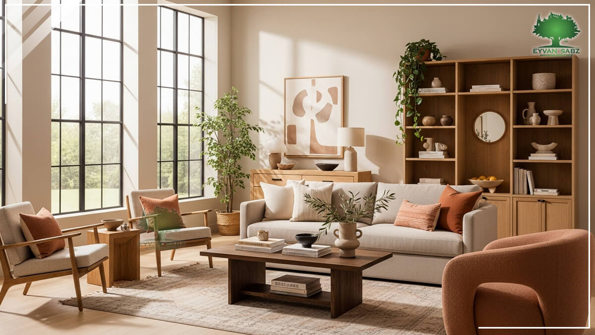 اتاق نشیمن مدرن با پنجره‌های بزرگ، مبلمان کرم و چوبی، کتابخانه باز و گیاهان آپارتمانی. دکوراسیون با رنگ‌های خنثی و بافت چوب طبیعی.