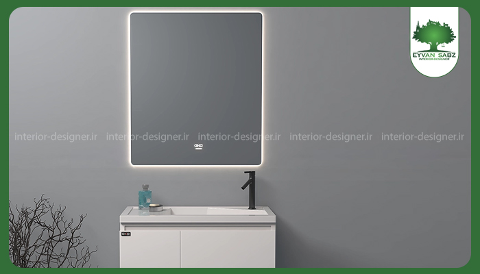 آینه هوشمند دارای نور پسزمینه (بکلایت) به همراه کابینت روشویی دیواری سفید و شیر روشویی مشکی