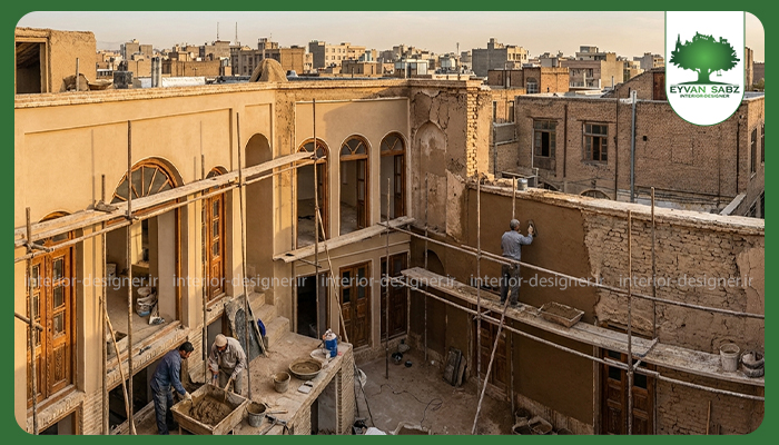 بازسازی خانه قدیمی کاهگلی در تهران با مرمت حیاط مرکزی و دیوارهای سنتی توسط استادکاران ساختمانی
